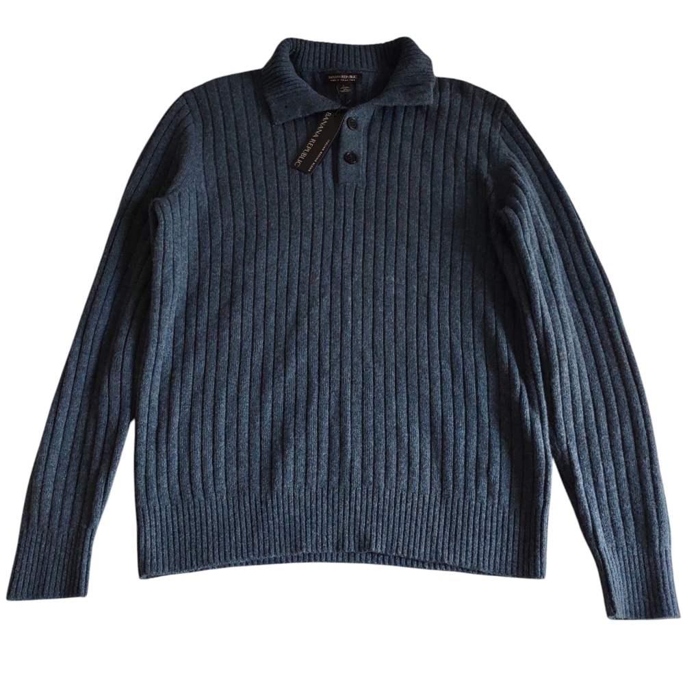 Banana Republic Size Large Ribbed Recycled Wool Blend Button Neck Sweater